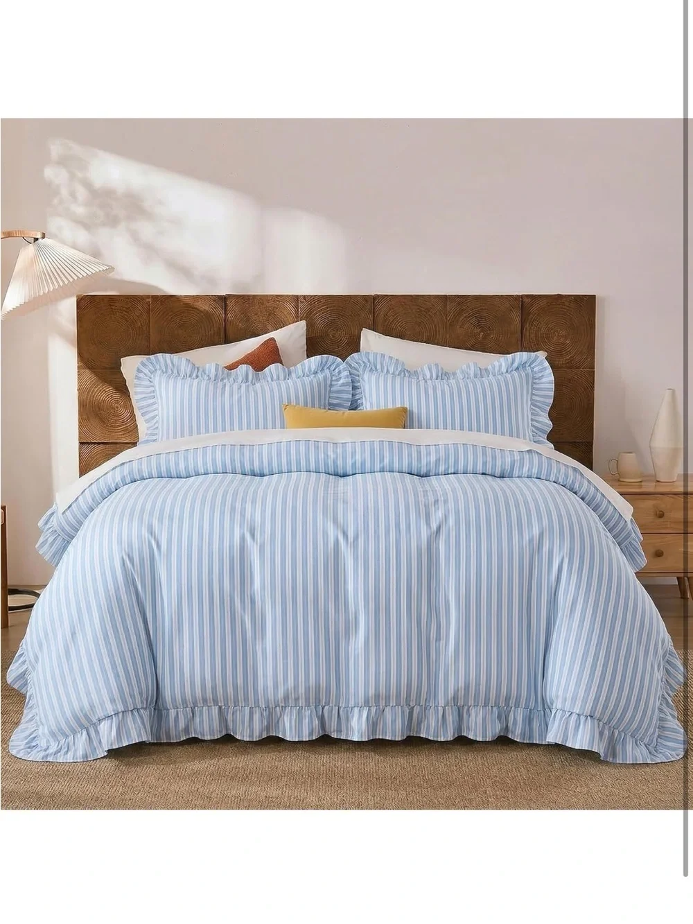 NEW Merryword 100% Cotton Blue/White Striped Duvet Cover Set Queen. Ruffle Trim